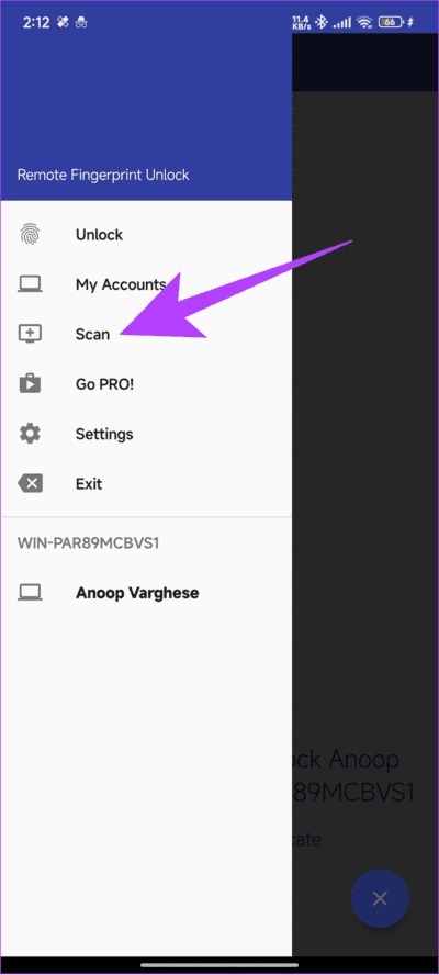 Choose-Scan-from-the-hamburger كيفية فتح جهاز الكمبيوتر Windows عن بعد باستخدام ماسح بصمات الأصابع على Android