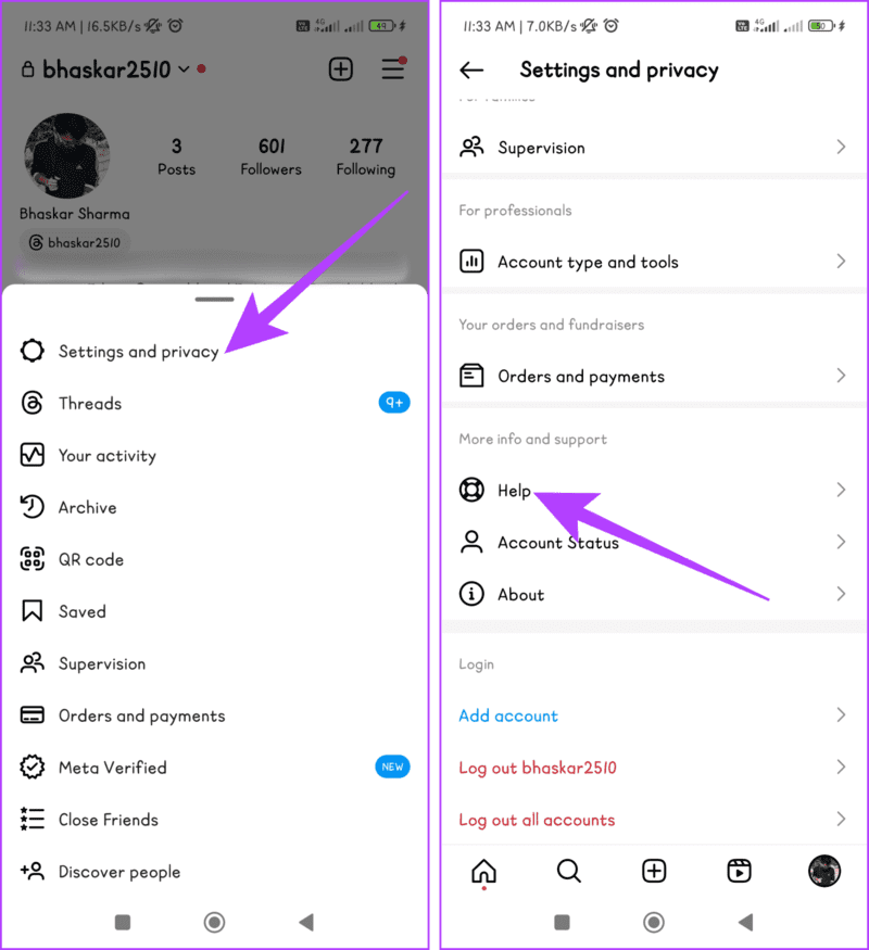 Choose-Settings-and-privacy-and-tap-Help-1405x1536-1 7 إصلاحات لمشكلة "لا يمكن الاتصال بالحسابات المعطلة" على Instagram
