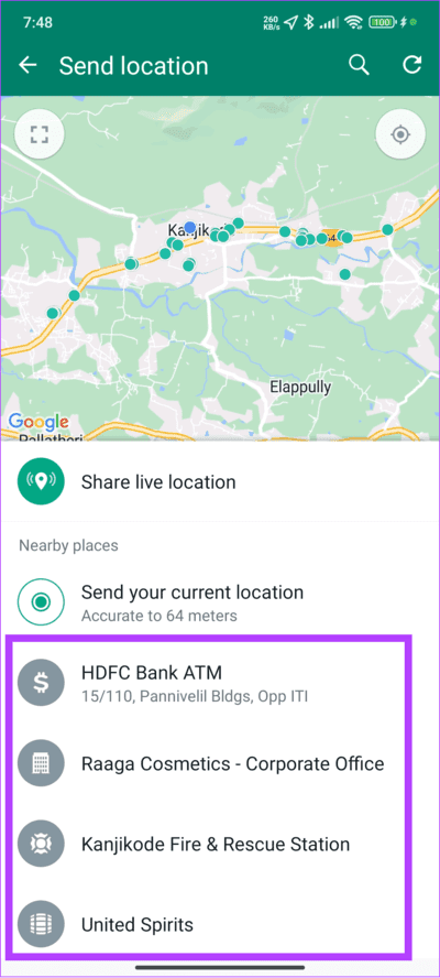 Choose-any-location-under-nearby-places كيفية إرسال المواقع الحالية والمباشرة المزيفة على WhatsApp