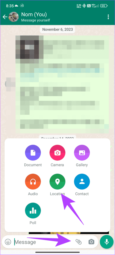 Choose-attachment-and-then-tap-Location كيفية إرسال المواقع الحالية والمباشرة المزيفة على WhatsApp