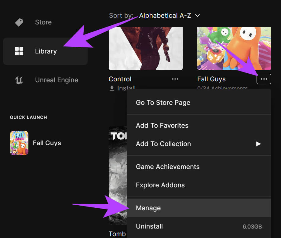 Choose-library-click-the-three-dots-next-to-the-app-and-choose-Manage كيفية تحديث Epic Games Launcher وألعابه على Windows
