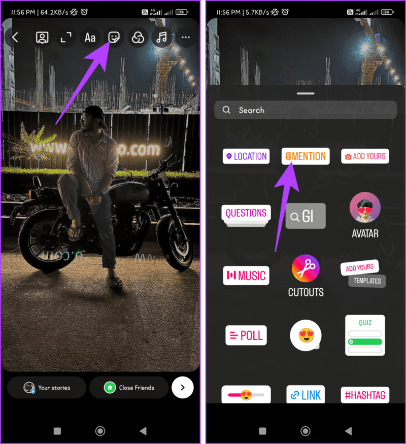 Choose-the-Stickers-icon-from-the-top-of-the-screen-and-select-the-Mention-Sticker-1405x1536-1 كيفية وضع علامة/إشارة إلى شخص ما في قصة Instagram دون ظهوره