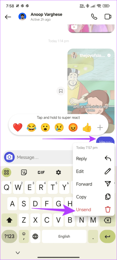 Choose-the-message-and-then-tap-Unsend- كيفية إلغاء إرسال أو حذف الرسائل على Instagram