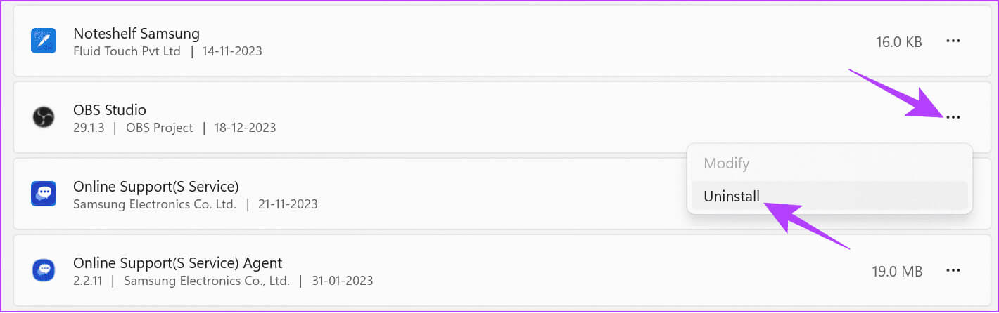 Choose-the-three-dots-next-to-OBS-and-then-choose-Uninstall 5 طرق لإصلاح فشل تحميل مكونات OBS الإضافية على Windows