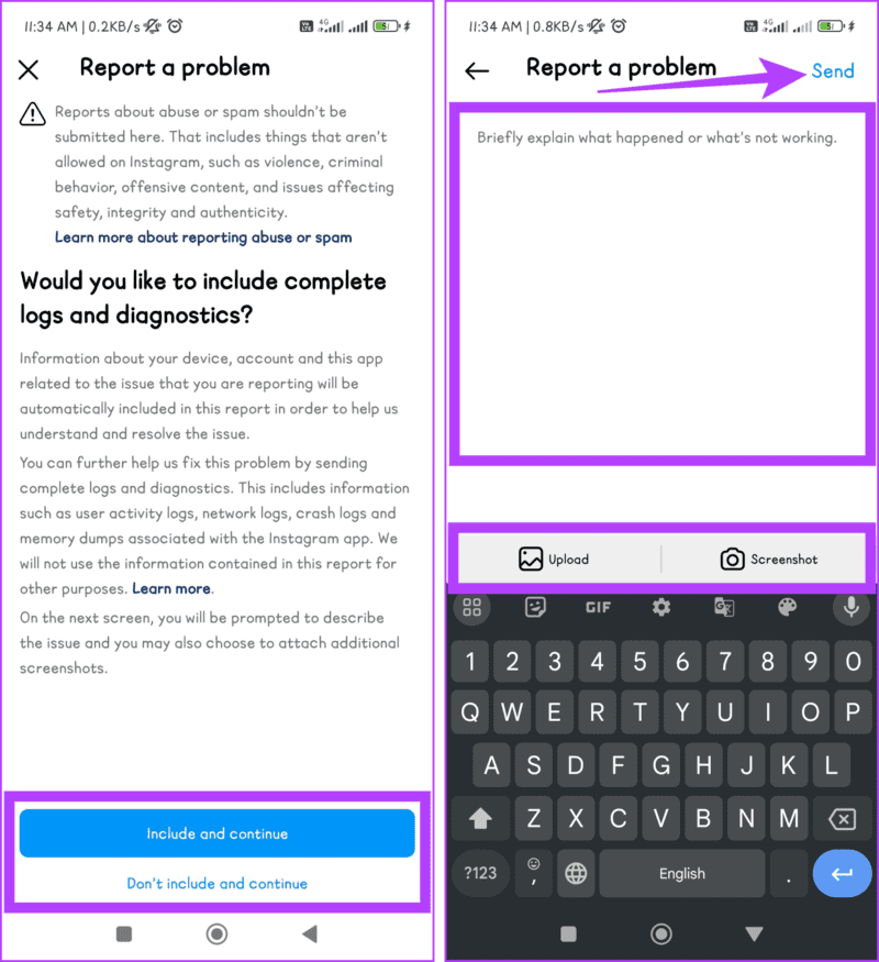 Choose-to-include-or-not-include-complete-logs-and-diagnostics-describe-your-issue-and-tap-Send-1405x1536-1 7 إصلاحات لمشكلة "لا يمكن الاتصال بالحسابات المعطلة" على Instagram