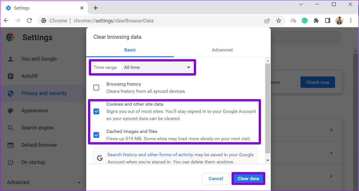 Clear-Cache-and-Cookies-in-Chrome-2 أهم 6 إصلاحات لعدم تحميل تقويم Google في Chrome