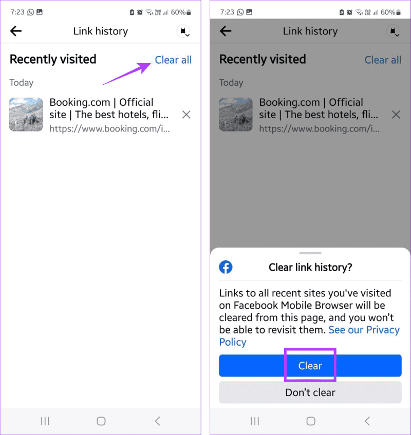 Clear-Facebook-link-history كيفية إيقاف تشغيل سجل الروابط في Facebook على هاتفك المحمول