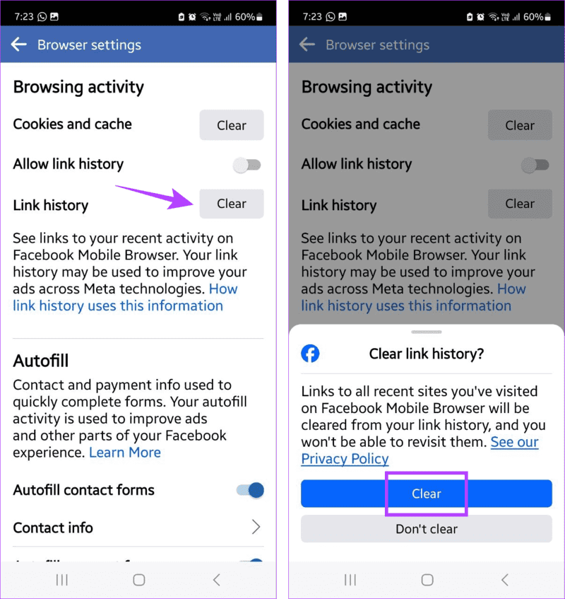 Clear-link-history كيفية إيقاف تشغيل سجل الروابط في Facebook على هاتفك المحمول