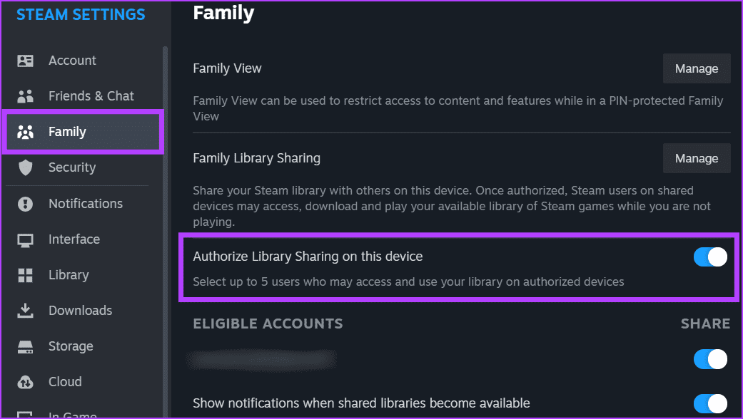 Click-Family-and-ensure-that-the-toggle-next-to-Authorize-Library-Sharing-on-this-device-is-enabled 10 طرق لإصلاح عدم عمل مشاركة العائلة لـ Steam على Windows 11