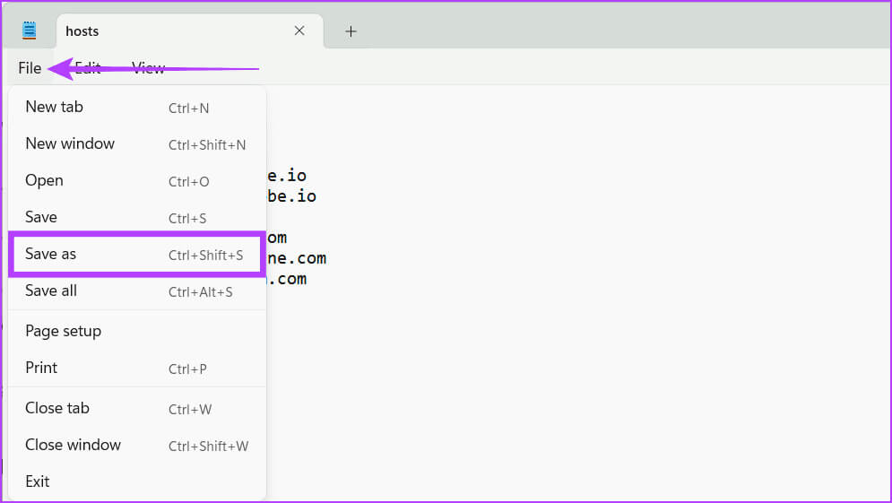 Click-File-and-select-Save-As 8 طرق لإصلاح عدم عمل ملف المضيفين على Windows