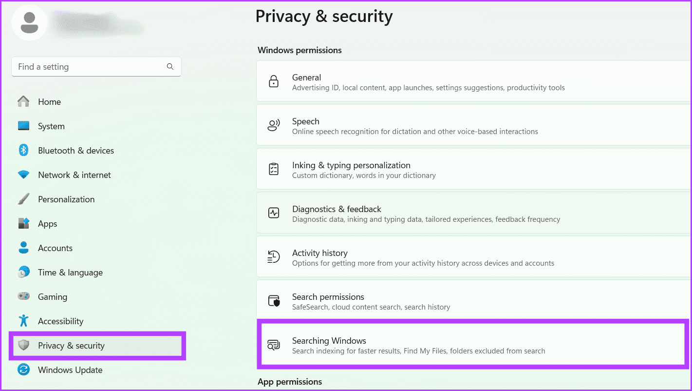 Click-Privacy-Security-and-navigate-to-Searching-Windows كيفية إظهار الملفات والمجلدات المخفية في Windows 11