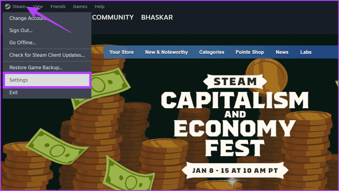 Click-Steam-in-the-navigation-bar-and-select-Settings كيفية مشاركة الألعاب على Steam مع الأصدقاء والعائلة