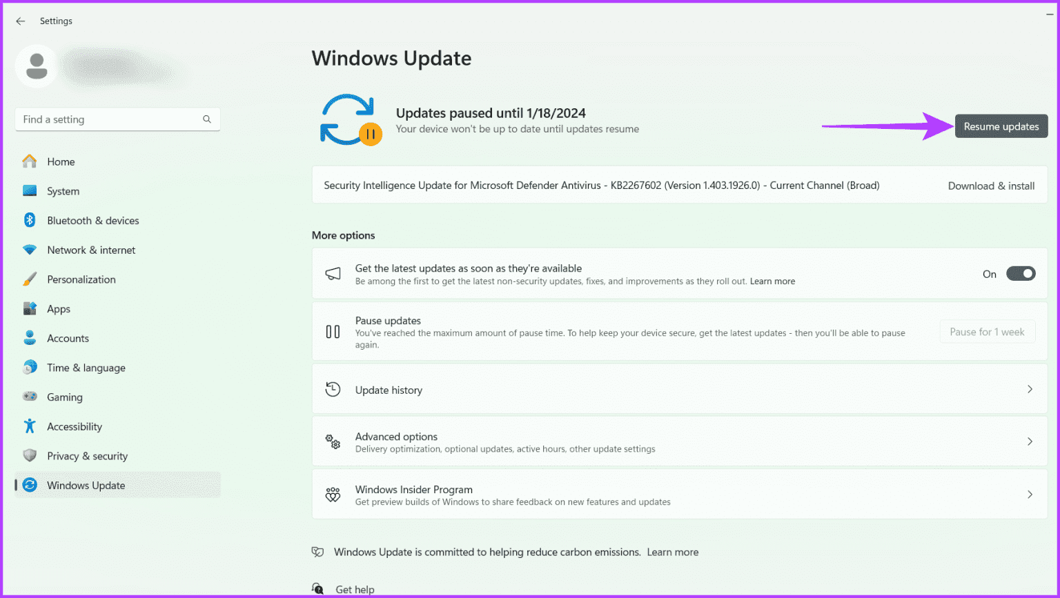 Click-the-Resume-update-button-1536x867-1 8 طرق لإصلاح خطأ التثبيت 0x80070103 على Windows 11