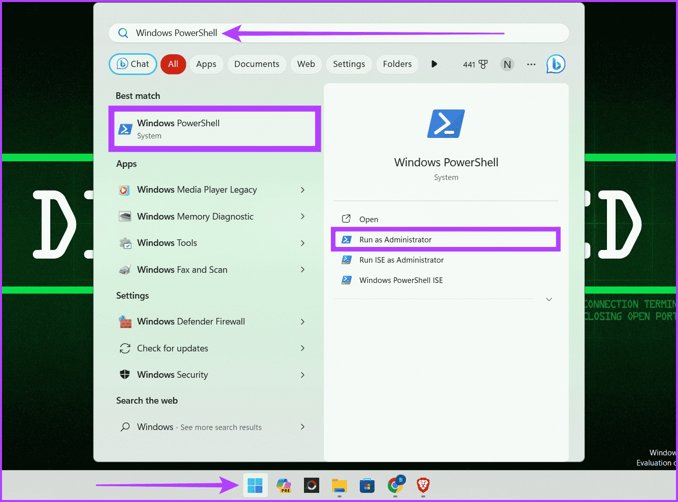 Click-the-Windows-icon-search-for-Windows-PowerShell-and-run-it-as-administrator كيفية إخفاء الملفات والمجلدات في Windows 11