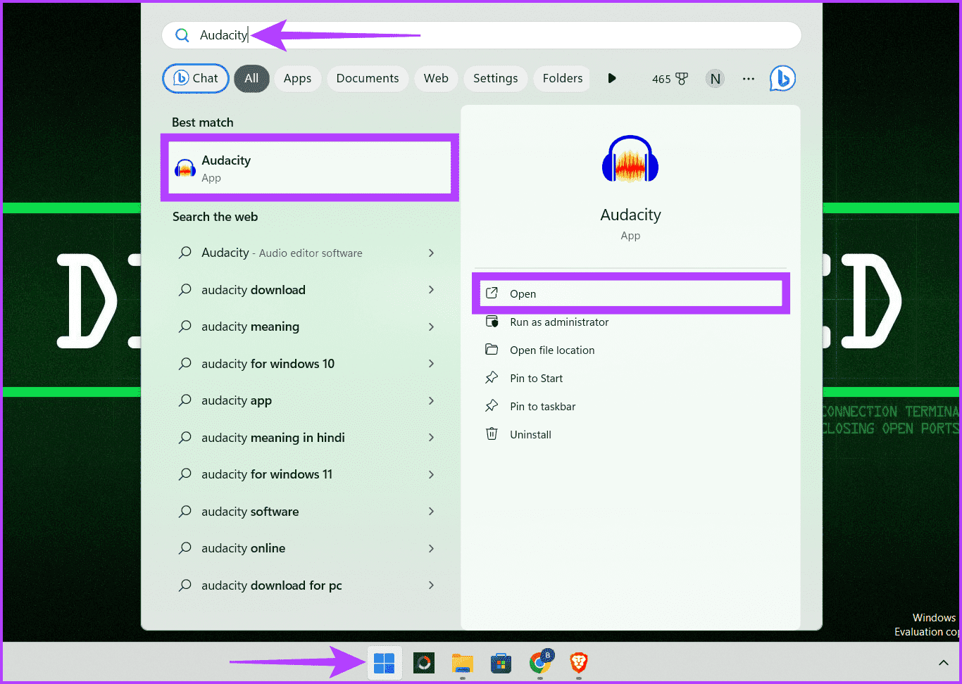 Click-the-Windows-icon-type-Audacity-and-choose-Open 3 طرق لتسجيل الصوت على Windows 11
