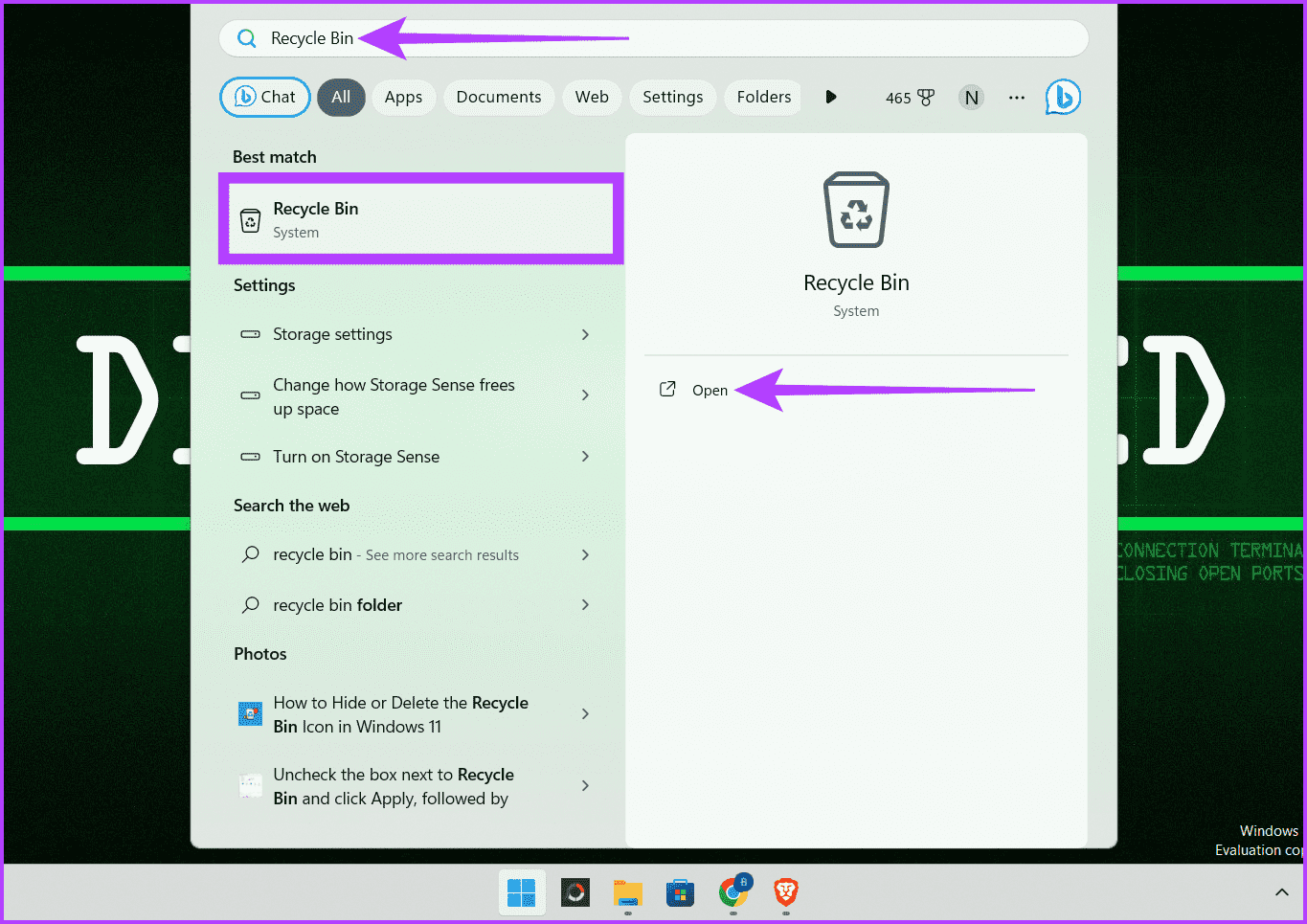 Click-the-Windows-icon-type-Recycle-Bin-and-click-Open كيفية إخفاء أو حذف أيقونة سلة المحذوفات في Windows 11