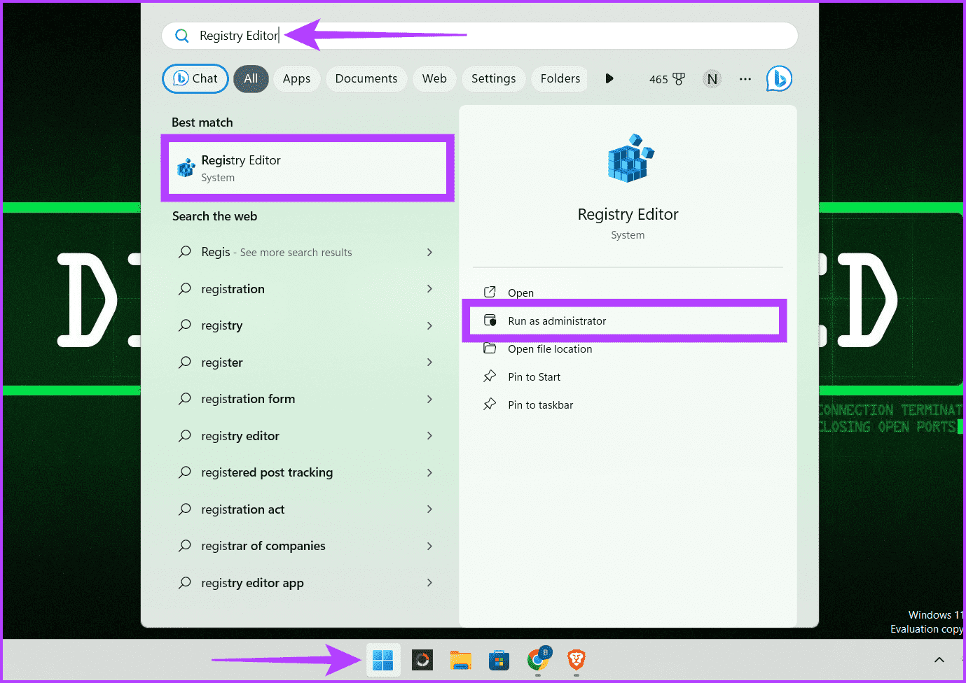 Click-the-Windows-icon-type-Registry-Editor-and-press-Run-as-administrator كيفية إخفاء أو حذف أيقونة سلة المحذوفات في Windows 11