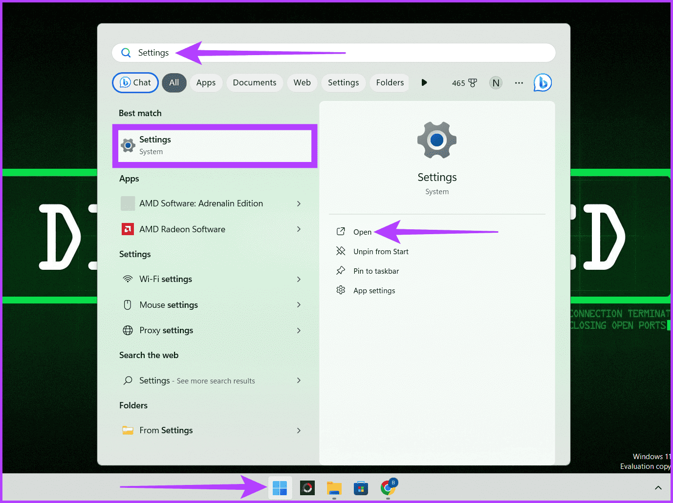 Click-the-Windows-icon-type-Settings-and-choose-Open كيفية إخفاء الملفات والمجلدات في Windows 11