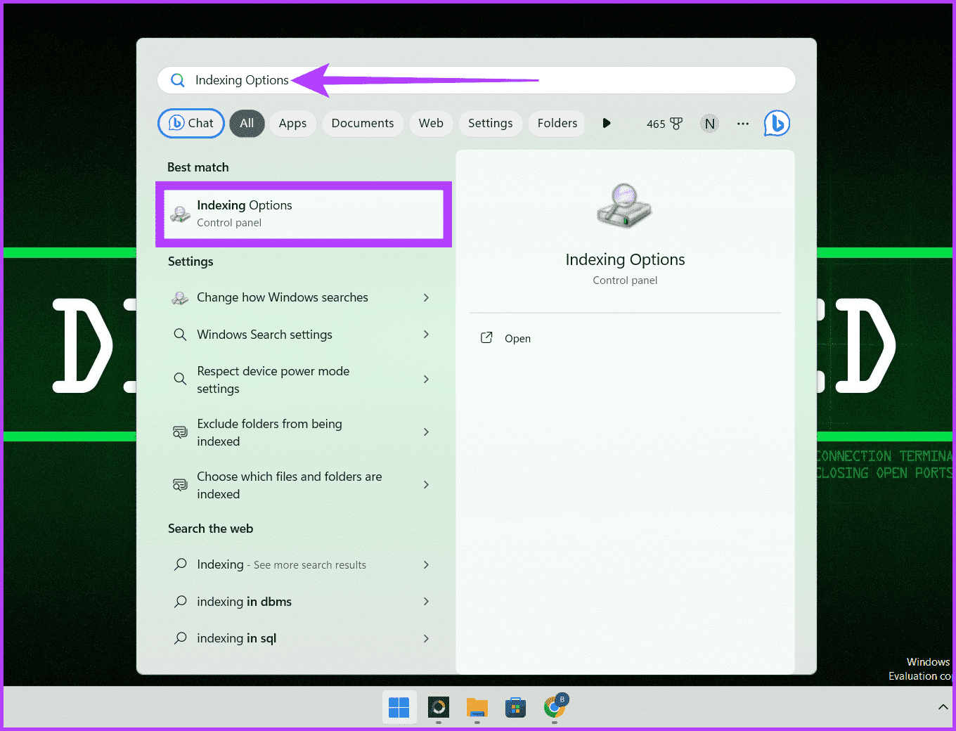 Click-the-Windows-icon-write-Indexing-options-and-hit-Enter كيفية إخفاء الملفات والمجلدات في Windows 11