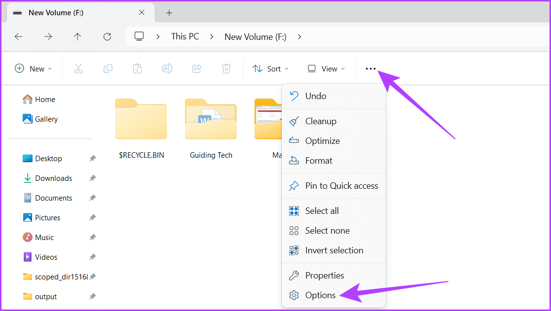 Click-the-three-dot-icon-in-the-toolbar-and-select-Options كيفية إخفاء الملفات والمجلدات في Windows 11