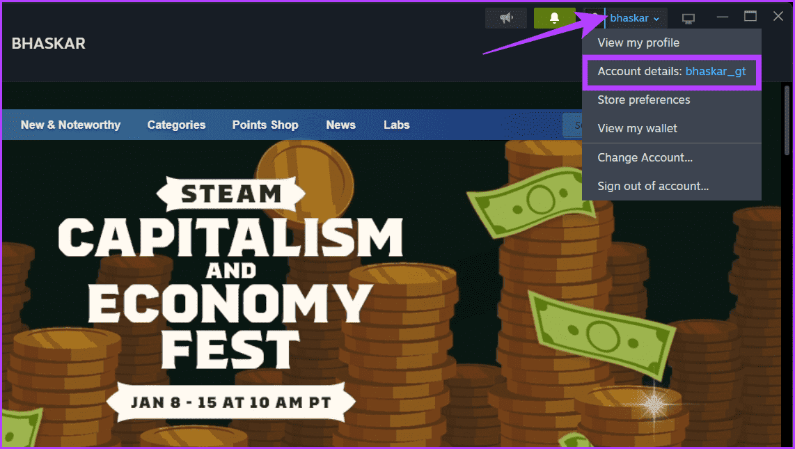 Click-your-username-and-select-Account-details كيفية مشاركة الألعاب على Steam مع الأصدقاء والعائلة