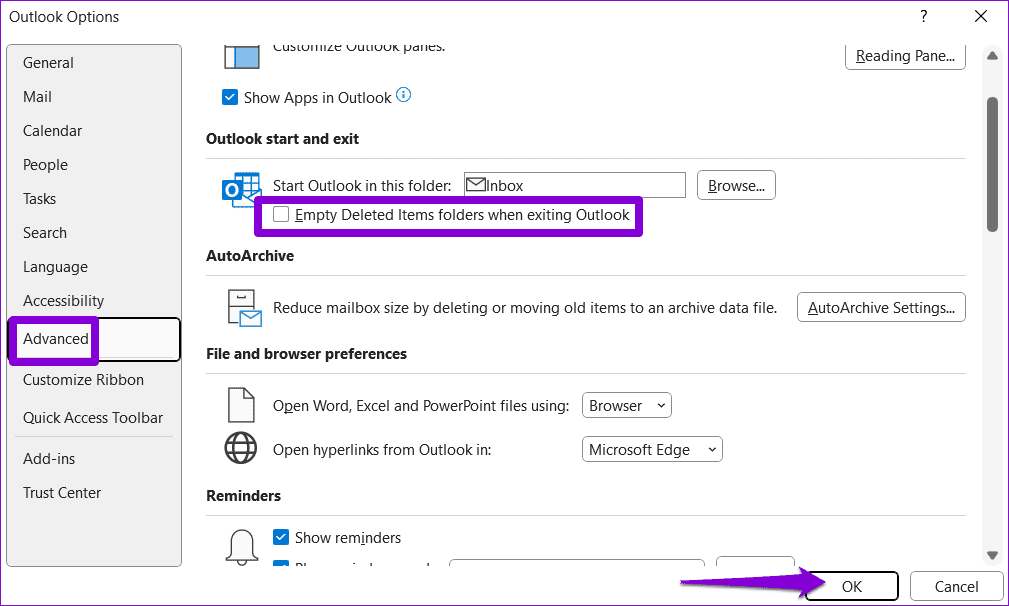 Configure-Outlook-to-Empty-Deleted-Items-on-Restart ماذا تفعل إذا كان صندوق بريدك Outlook ممتلئًا