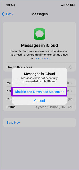 Confirm-Disable-Message-Sync-on-iPhone-1-474x1024-1 أفضل 7 إصلاحات لمشكلة توقف iPhone عند تنزيل الرسائل من iCloud