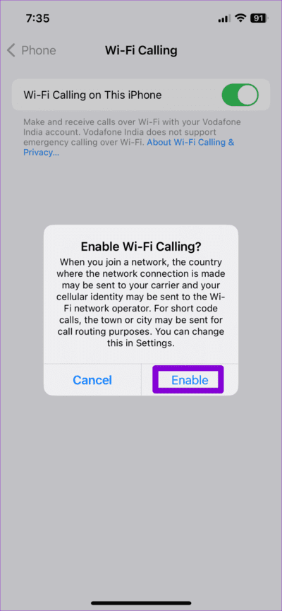 Confirm-Enable-Wi-Fi-Calling-on-iPhone-710x1536-1 أفضل 10 إصلاحات لاستمرار فقد اتصال المكالمات على جهاز iPhone