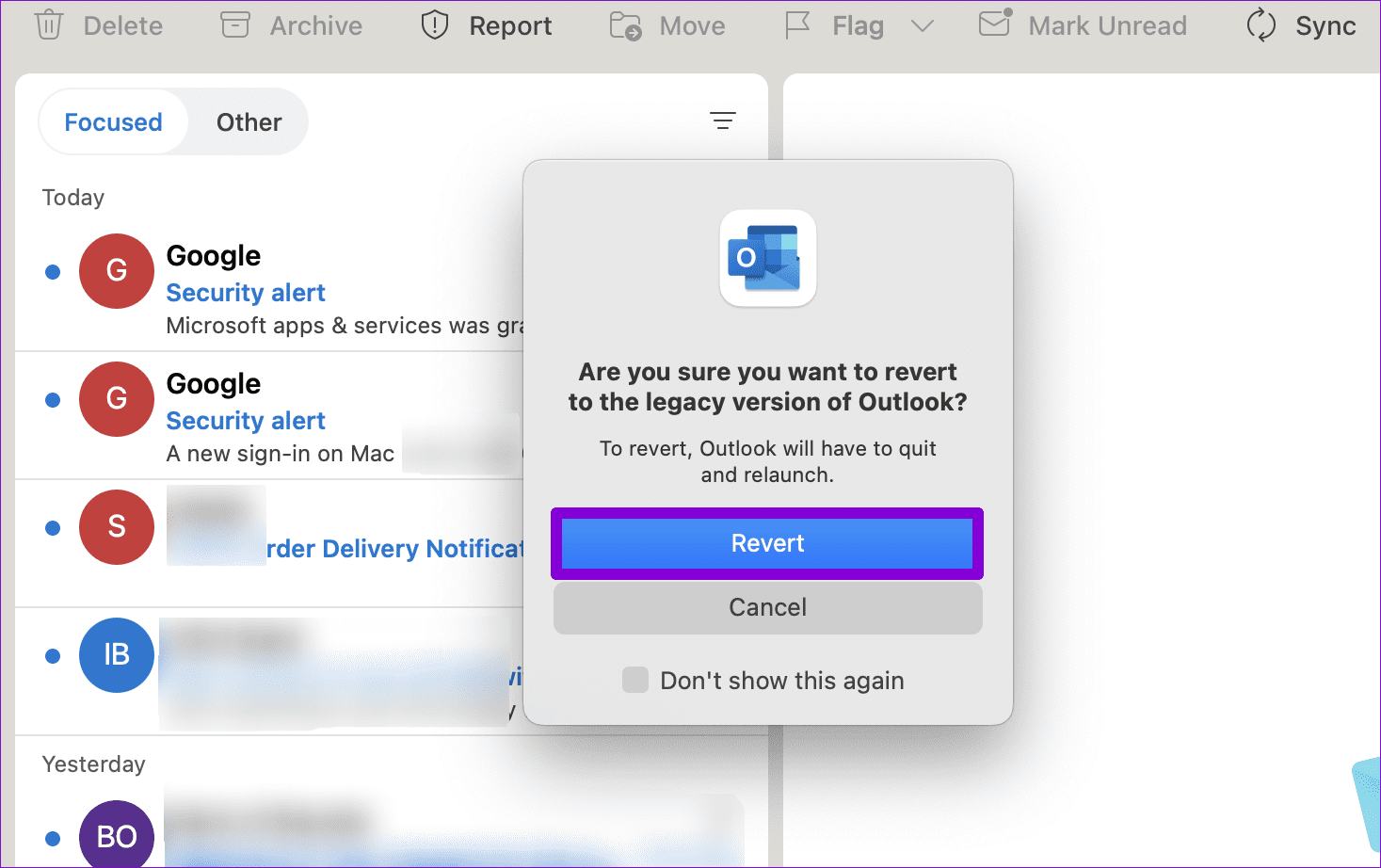 Confirm-Revert-to-Legacy-Outlook-App-on-Mac أفضل 4 طرق لتغيير Outlook الجديد إلى Outlook القديم (العرض الكلاسيكي) على Windows وMac