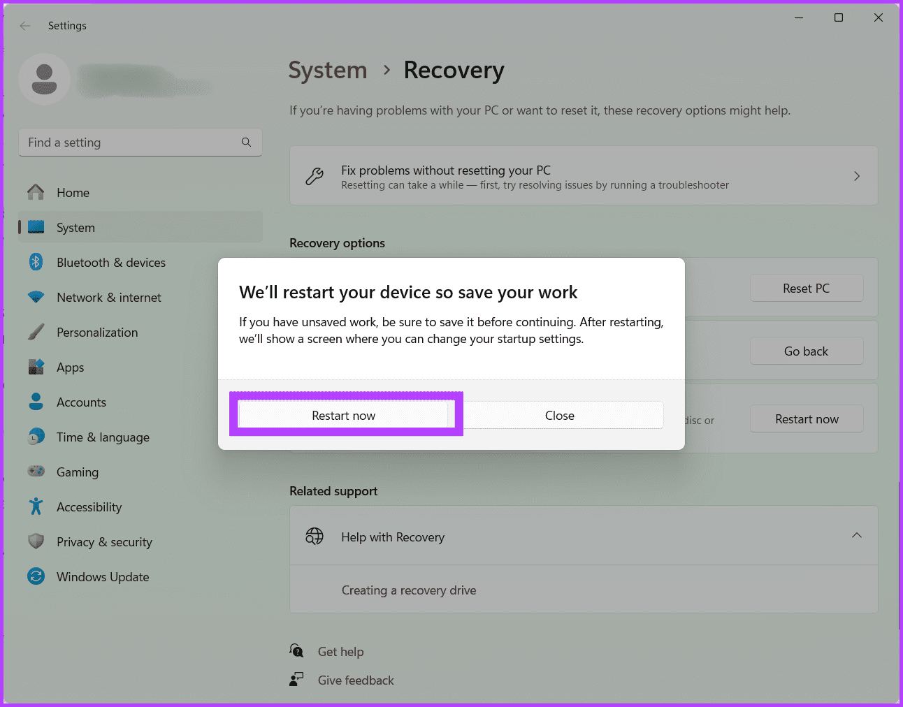Confirm-the-selection-by-clicking-Restart-now-again 7 طرق لإصلاح خطأ الضوء الأحمر على اللوحة الأم