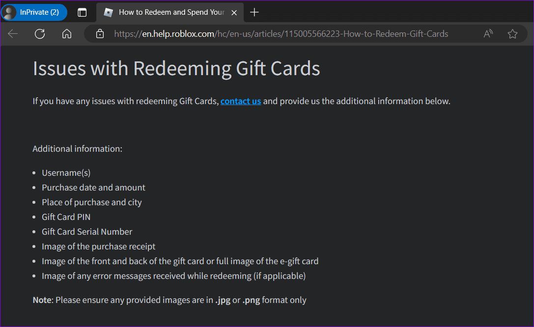 Contact-Roblox-Support-for-Gift-Card-Issue أفضل 6 طرق لإصلاح عدم عمل بطاقة هدايا Roblox