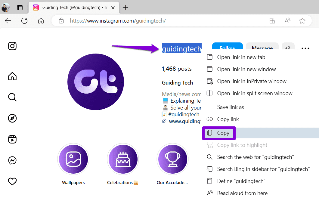 Copy-Instagram-Handle-on-Web كيفية رؤية المتابعين الجدد على Instagram
