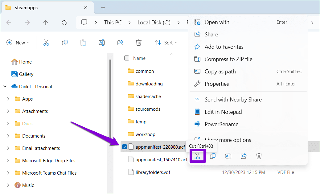 Cut-ACF-File-on-Windows أفضل 6 إصلاحات لعدم عرض للألعاب المثبتة في المكتبة على Steam في Windows