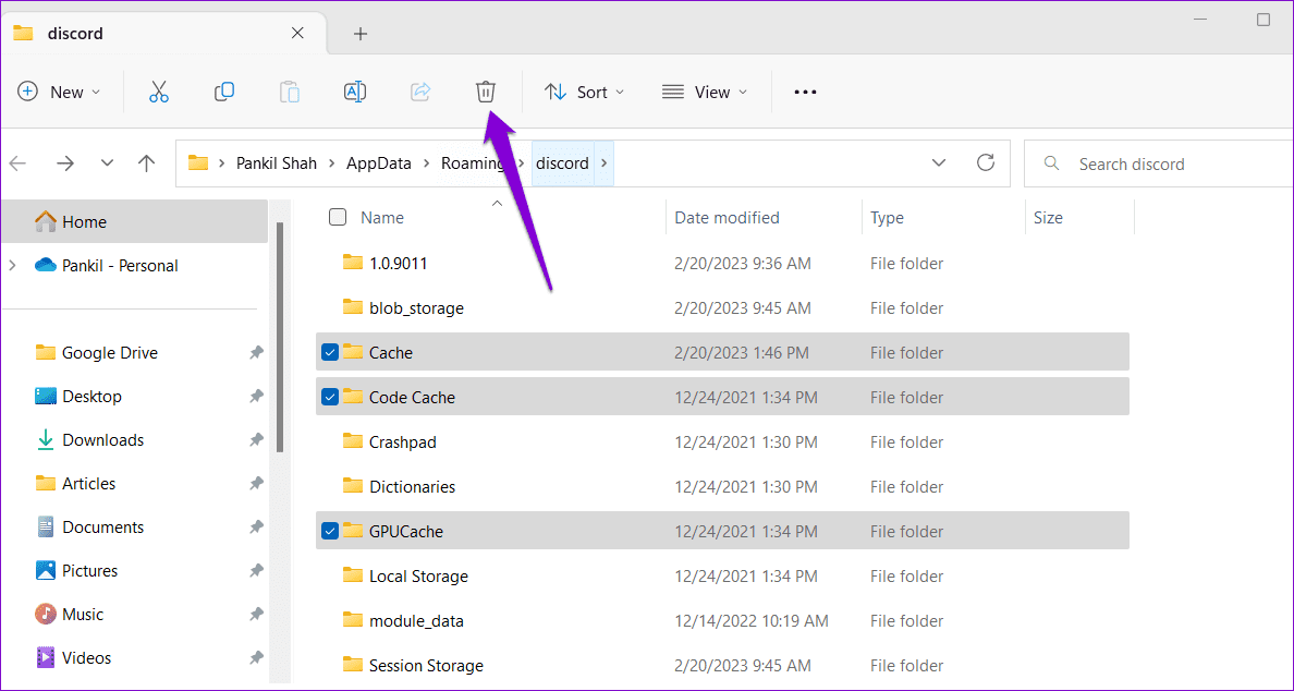 Delete-Discord-Cache أفضل 7 إصلاحات للاستخدام العالي لـ CPU في Discord على Windows