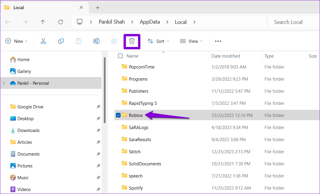 Delete-Roblox-Data-From-Windows أفضل 6 إصلاحات لعدم عمل أداة تثبيت Roblox على Windows