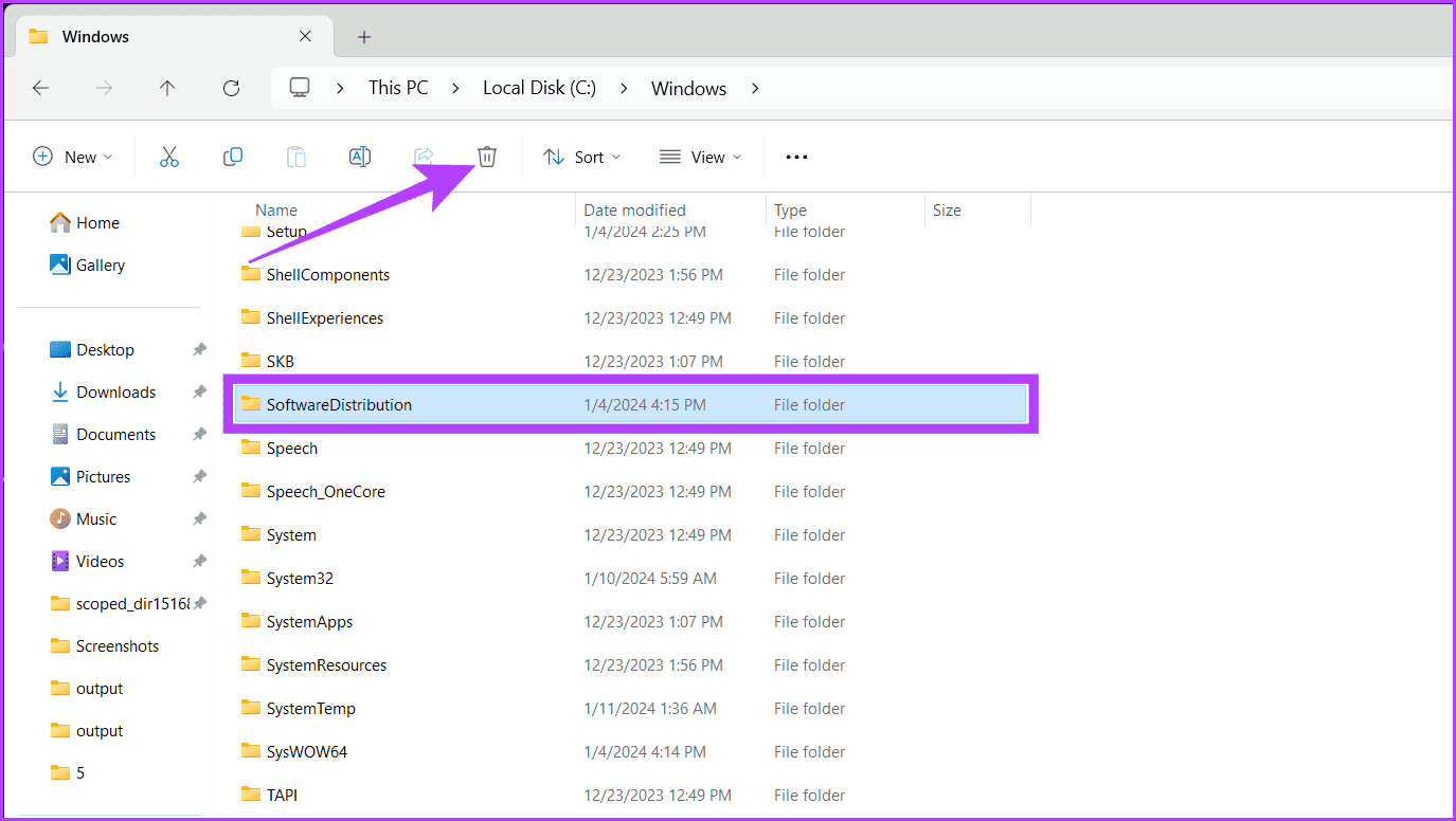 Delete-SoftwareDistribution-folder 8 طرق لإصلاح خطأ التثبيت 0x80070103 على Windows 11