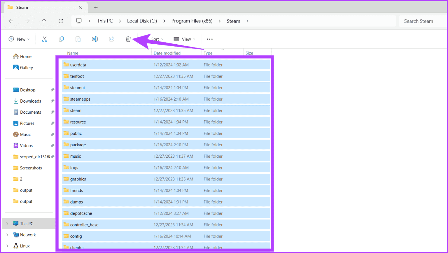 Delete-all-files-in-Steam-folder-1536x868-1 10 طرق لإصلاح عدم عمل مشاركة العائلة لـ Steam على Windows 11