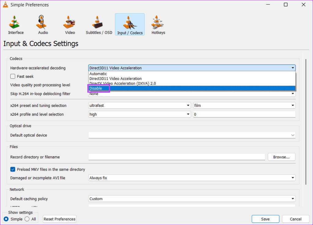 Disable-Hardware-accelerated-Decoding-1024x737-1 أفضل 7 إصلاحات لعدم تشغيل VLC لملفات MKV في Windows 11