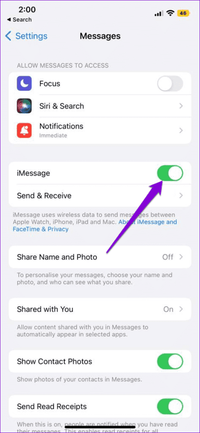 Disable-iMessage-on-iPhone أفضل 6 إصلاحات لعدم عمل الملصقات في تطبيق Messages على iPhone