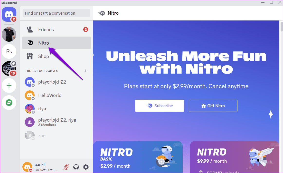 Discord-Nitro-Tab أفضل 5 إصلاحات لعدم اختفاء إشعارات الرسائل المباشرة على Discord
