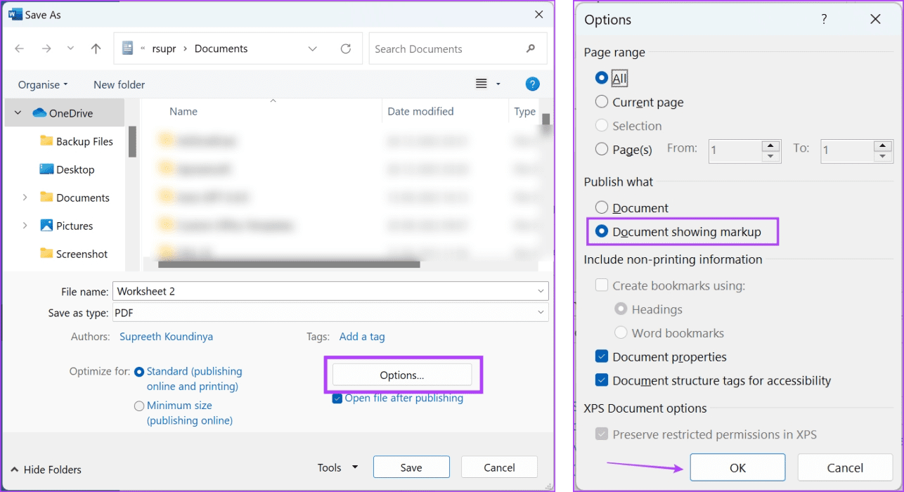 Document-Showing-Markup كيفية حفظ مستند Word كملف PDF على Windows وMac