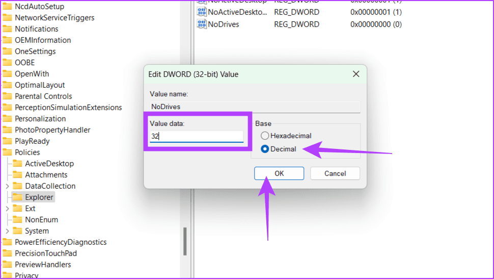Double-click-on-NoDrives-file-choose-Decimal-enter-a-number-in-the-Value-box-and-click-OK كيفية إخفاء الملفات والمجلدات في Windows 11