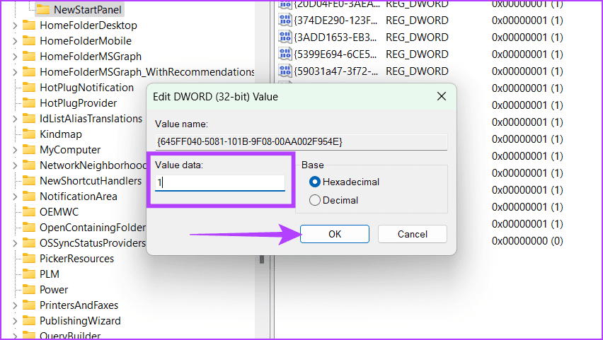 Double-click-the-file-set-the-Value-data-as-1-and-press-OK كيفية إخفاء أو حذف أيقونة سلة المحذوفات في Windows 11