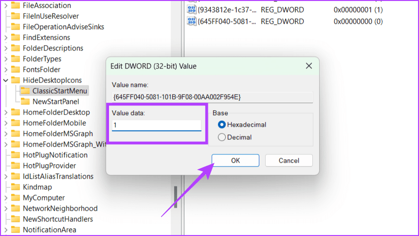 Double-click-the-new-DWORD-file-set-Value-data-as-1-and-click-OK كيفية إخفاء أو حذف أيقونة سلة المحذوفات في Windows 11