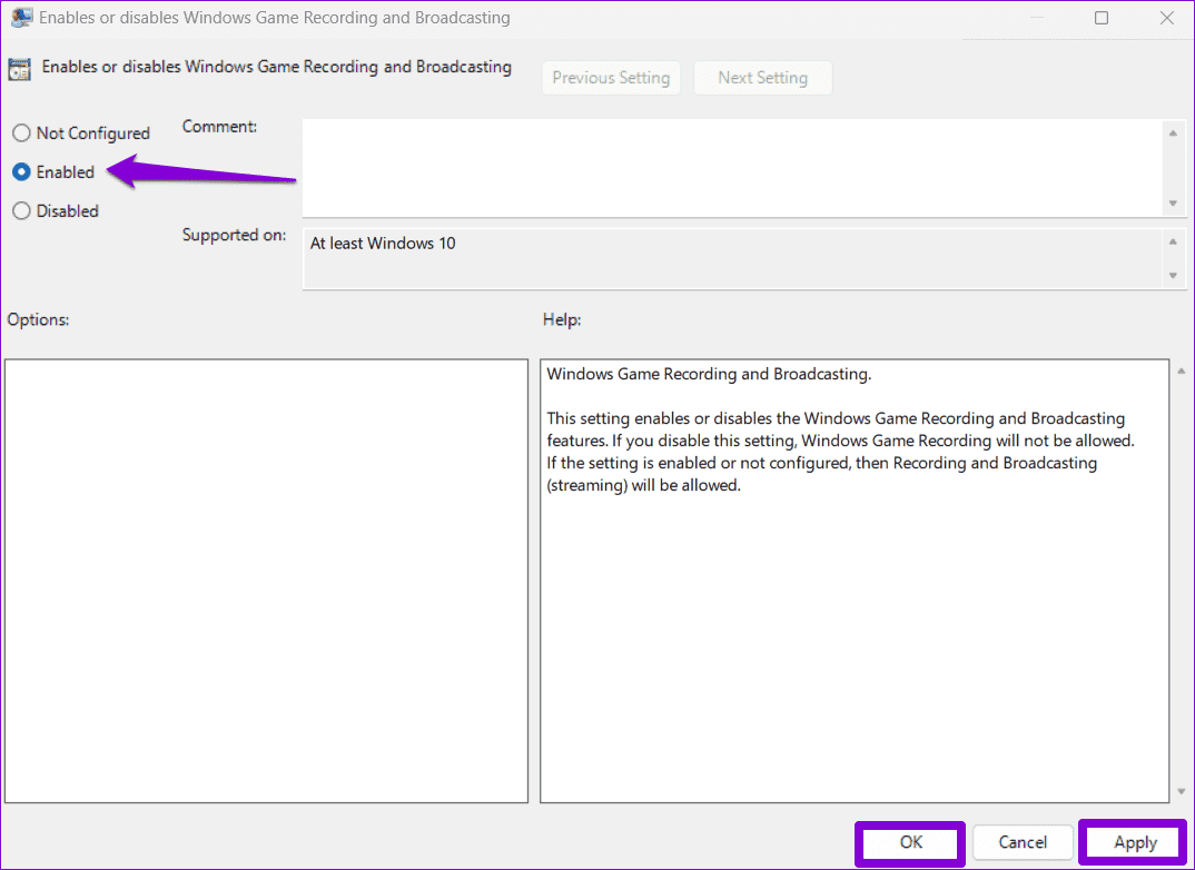Enable-Game-Bar-Recording-Group-Policy-on-Windows أفضل 6 إصلاحات لخطأ "ميزات الألعاب غير متوفرة لسطح مكتب Windows".