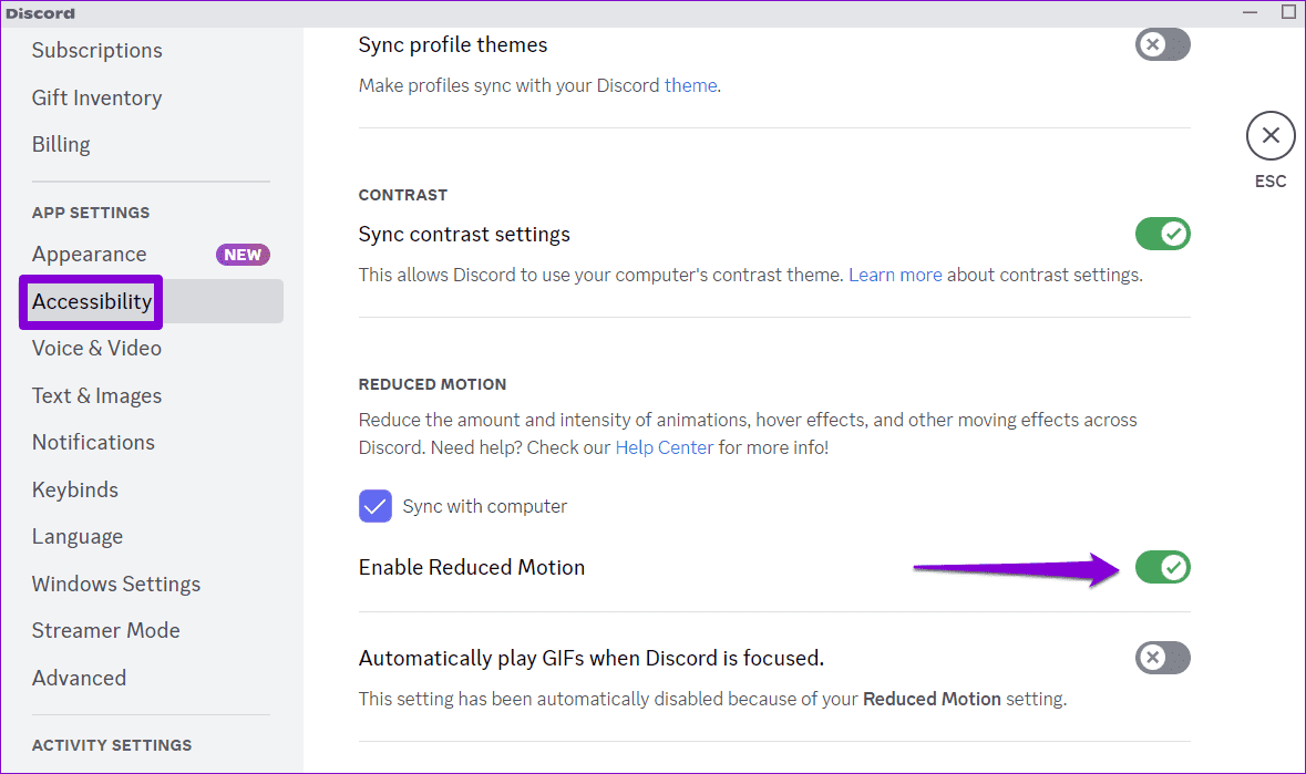 Enable-Reduced-Motion-in-Discord أفضل 7 إصلاحات للاستخدام العالي لـ CPU في Discord على Windows