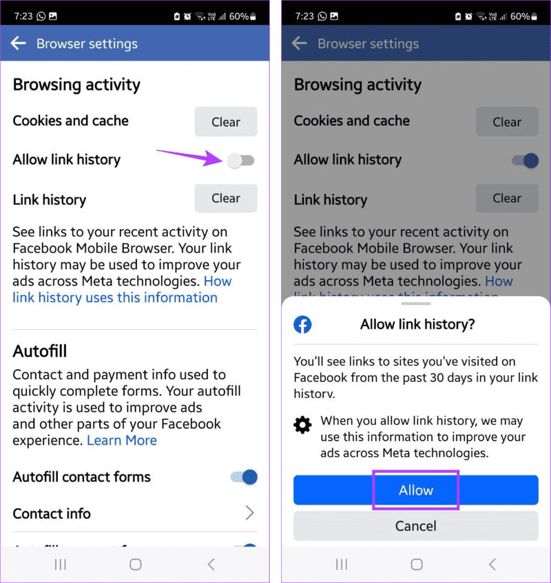 Enable-link-history كيفية إيقاف تشغيل سجل الروابط في Facebook على هاتفك المحمول