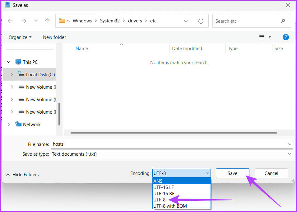 Ensure-that-the-Encoding-is-UTF-8-or-ANSI-and-hit-Save 8 طرق لإصلاح عدم عمل ملف المضيفين على Windows