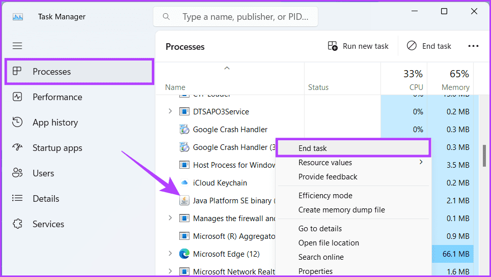 Ensure-to-be-in-the-Processes-tab-locate-all-the-Java-programs-right-click-on-them-and-click-End-Task 7 طرق لإصلاح خطأ Java Virtual Machine Launcher على Windows