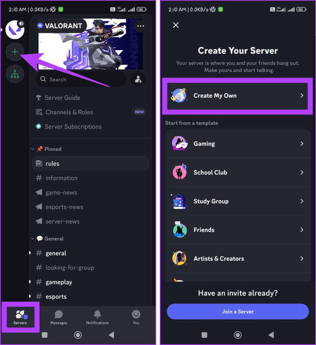 Ensure-to-be-on-Servers-tab-tap-the-icon-and-select-Create-My-Own-937x1024-1 كيفية إخفاء الخوادم المشتركة في Discord على سطح المكتب والهاتف المحمول